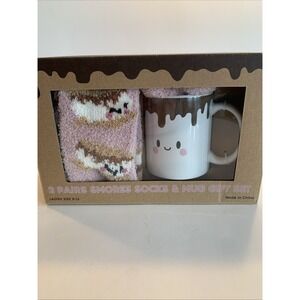 2 Pairs Of Slipper Socks And S'mores Ceramic Mug In Gift Box  Ladies Size 9-11